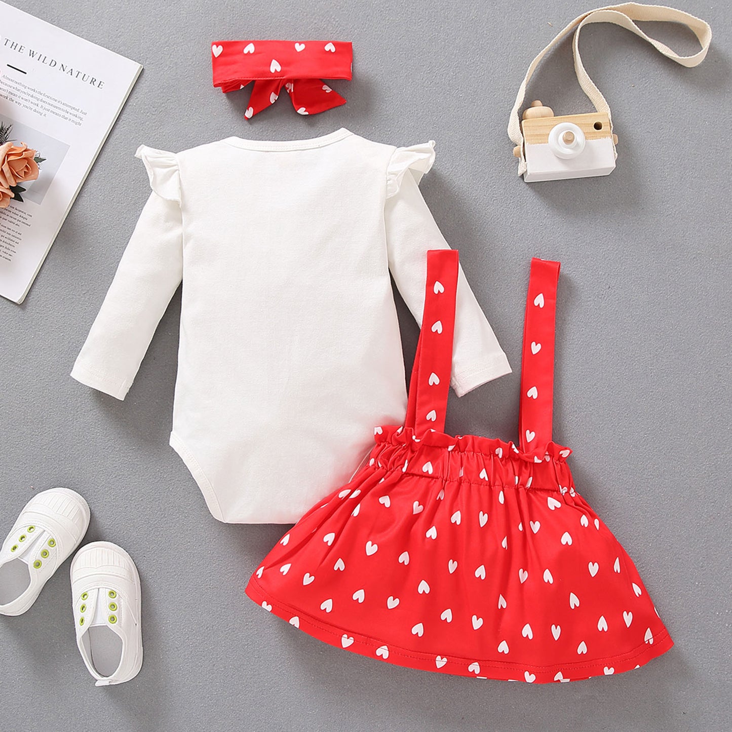 Children's Peach Heart Letter Printed Long-sleeved Three-piece Suit