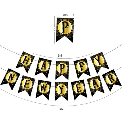 Happy New Year Hanging Flag Colorful Flag Black Gold Letter Pendant
