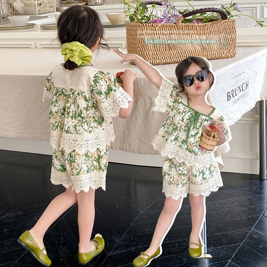 Girls' Summer Suits Sweet Lace Shirt Lace Shorts Two-piece Set