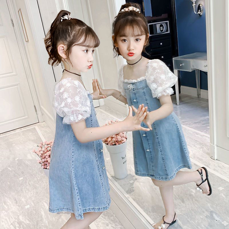 Girls Denim Dress Fashion Lace Puff Sleeves A-line Summer Patchwork
