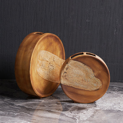 Wood Grain Ceramic Living Room Flat Vase Flower Arrangement Decoration