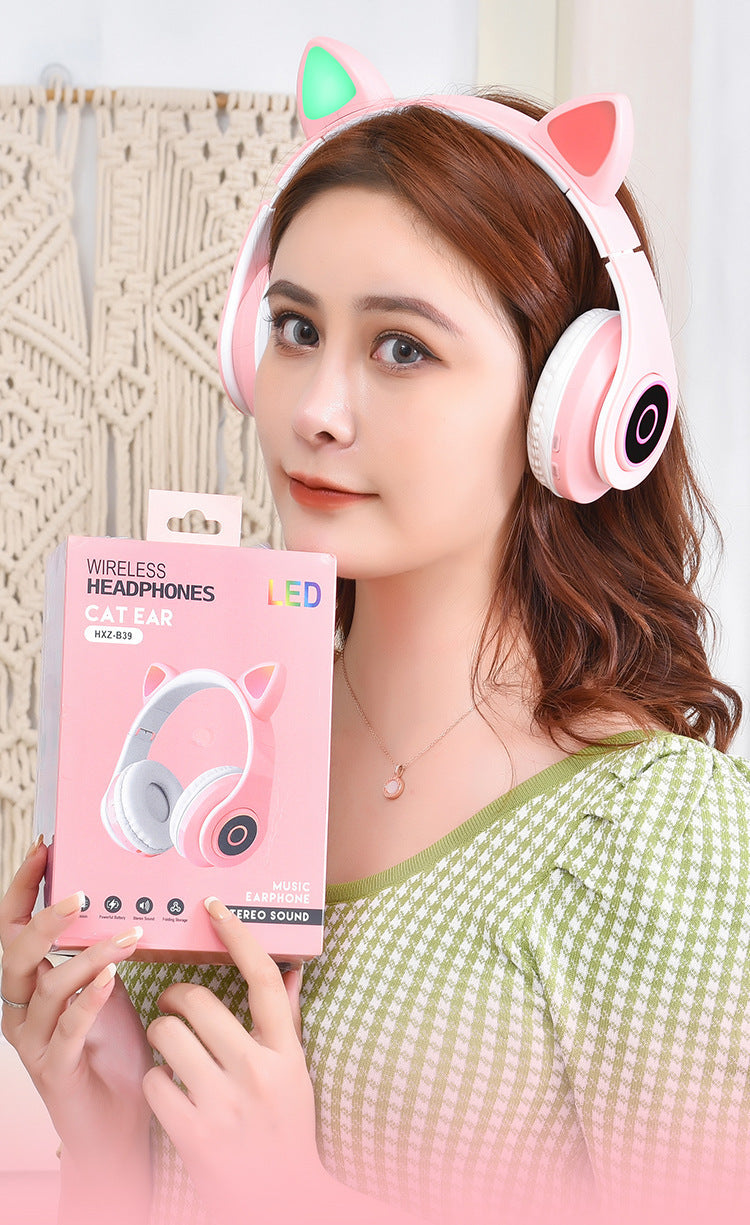 Cartoon Cat Ears 5.0 Bluetooth Headset Luminous Foldable Card Music