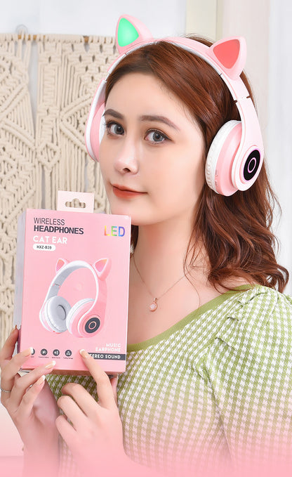 Cartoon Cat Ears 5.0 Bluetooth Headset Luminous Foldable Card Music