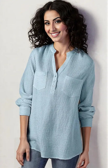 Sexy new double top Pockets cotton and linen loose plus size top for Women