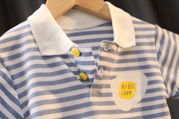 Boys' Summer Cute Stripes Solid Color Short-sleeved Shorts Two-piece Set