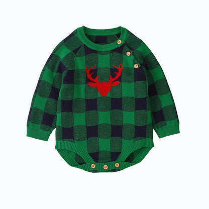 One-piece long-sleeved plaid one-piece triangle romper crawl