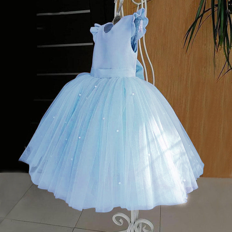 Girl's Gown Mesh Backless Bow Umbrella Princess Dress