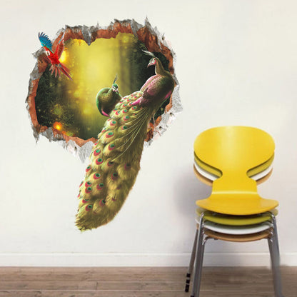 3d Peacock Forest Broken Wall Bedroom TV Backdrop Wall Decorative Removable Wall Sticker