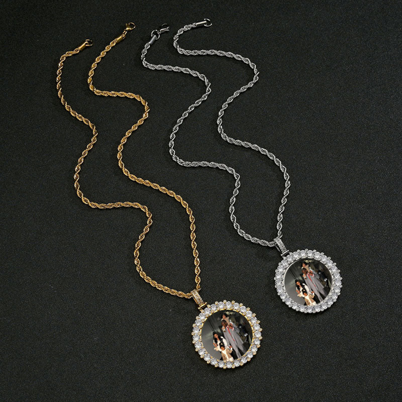Hip Hop Diamond Round Photo Frame Couple Memorial Photo Pendant Necklace