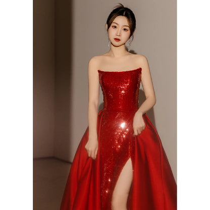 Banquet Light Luxury Annual Meeting Host Red Dress Bride Wedding Engagement Bra Toast Dress