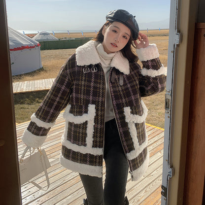 Composite Wheat Ears Thickened Plaid Fur Coat Women