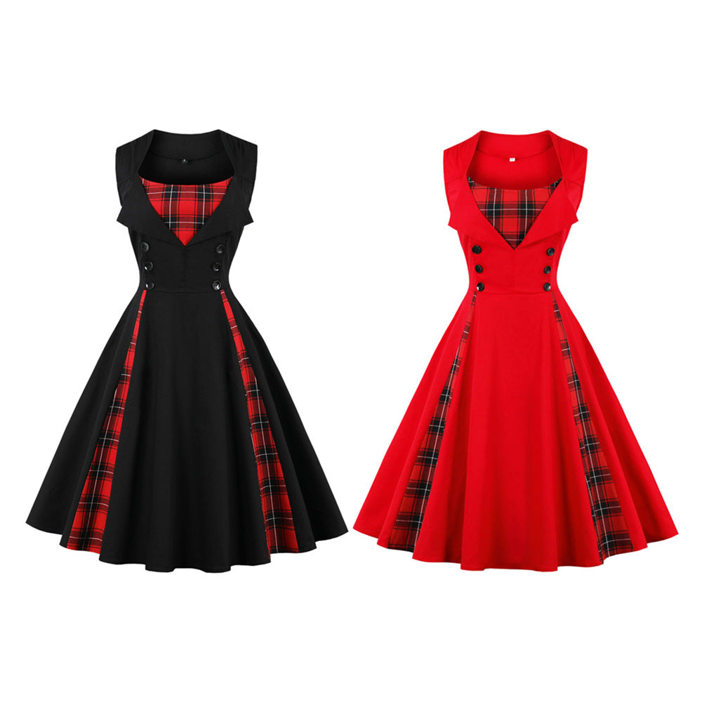 Plus Size Women's Sleeveless Simple Plaid Retro Dress