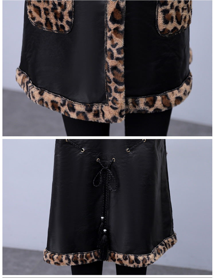 Plus Size Women's Leopard Rabbit Plush Vest Coat
