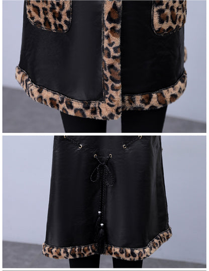Plus Size Women's Leopard Rabbit Plush Vest Coat