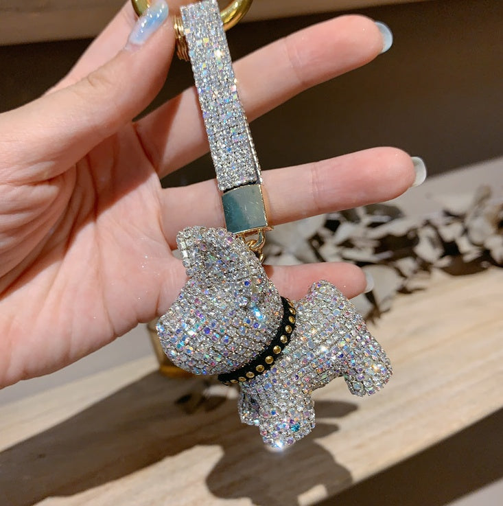 Diamond-encrusted dog key chain pendant
