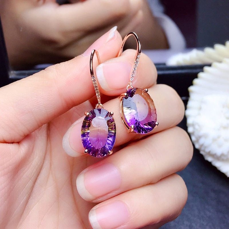 Natural purple yellow crystal earrings