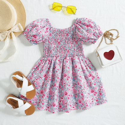 Summer New Girls' Floral Puff Sleeve Dress