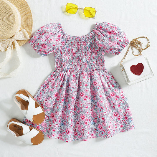 Summer New Girls' Floral Puff Sleeve Dress