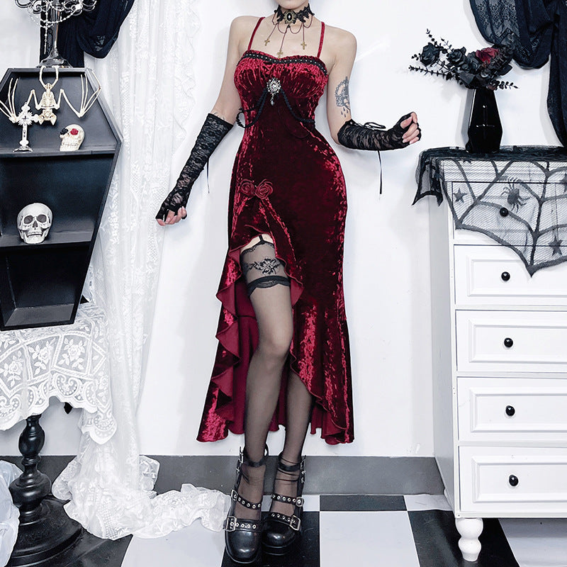 Sexy Long Dress with Ruffled Lace, Dark Gothic Style for Women