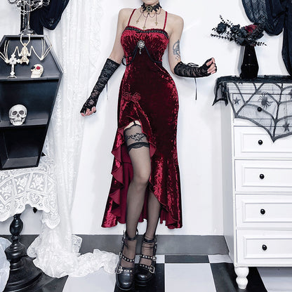 Sexy Long Dress with Ruffled Lace, Dark Gothic Style for Women