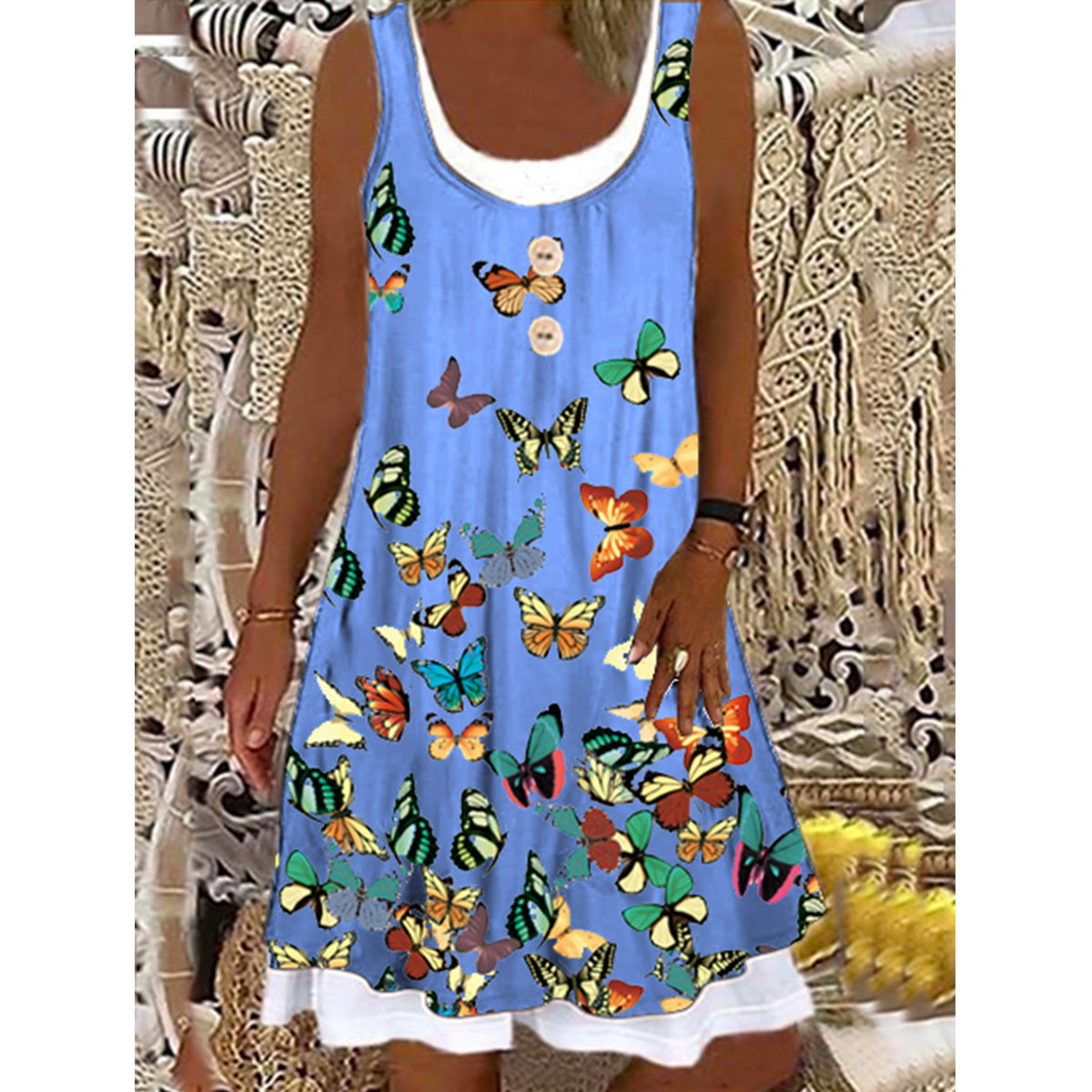New Product Printed Butterfly Big Swing Mid-Skirt Sleeveless Tight-Fitting Button Dress