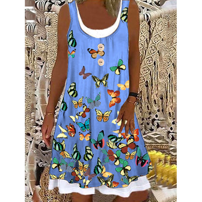 New Product Printed Butterfly Big Swing Mid-Skirt Sleeveless Tight-Fitting Button Dress