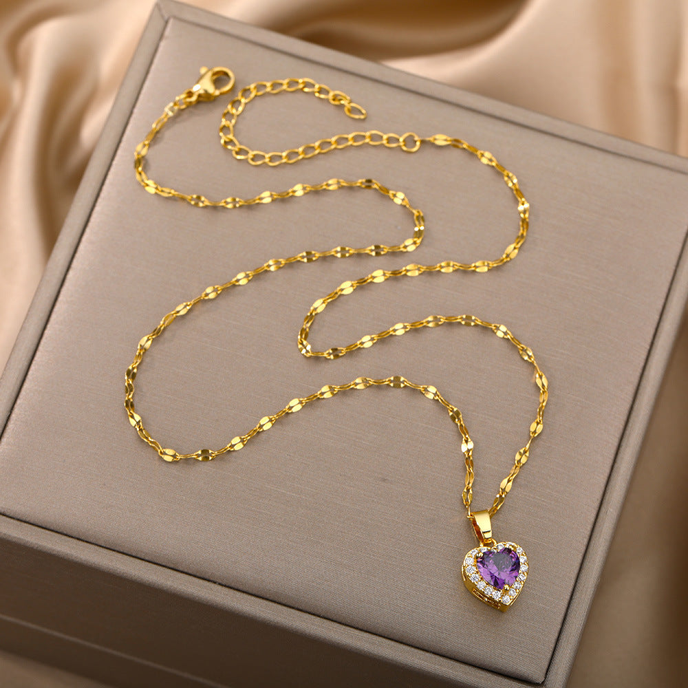 Heart Of Europe And America Ocean Necklace Heart Purple Zircon Pendant Heart Collar Chain