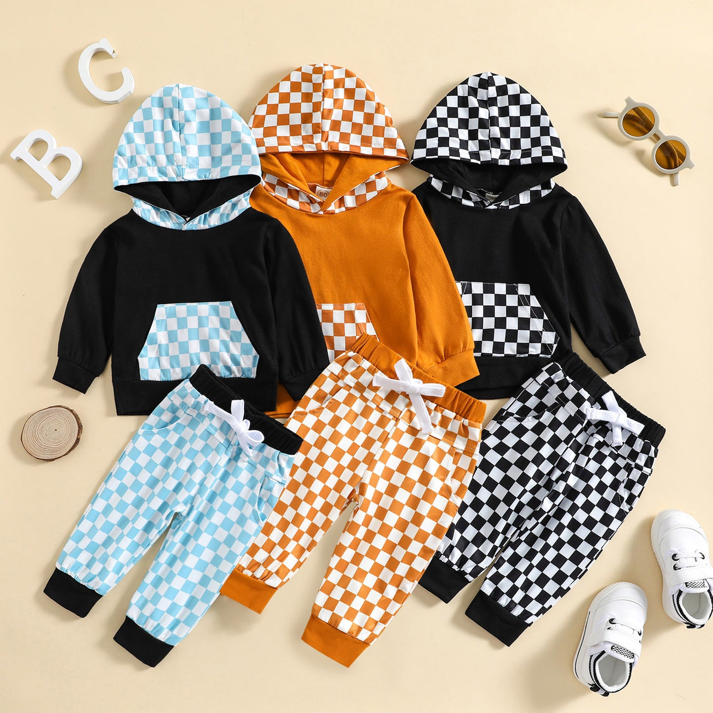 Children's Autumn And Winter Sports Leisure Hooded Plaid Suit