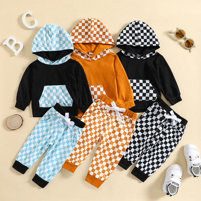 Children's Autumn And Winter Sports Leisure Hooded Plaid Suit