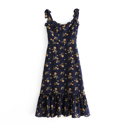 French Girl Retro Pastoral Small Floral Suspenders Slim Dress