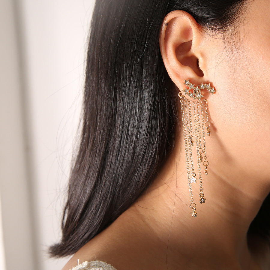 Diamond Studded Star Tassel Chain Back Hanging Earrings