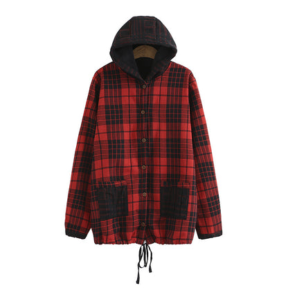 H5 plus size women's autumn and winter new fat sister mm plus velvet plaid double yarn hooded lining