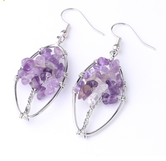 Natural Crystal Crushed Stone Earrings Handmade Tree Of Life Women's Turquoise