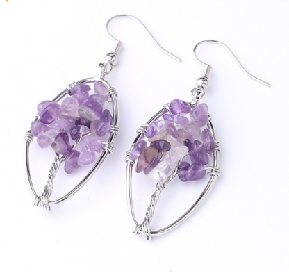 Natural Crystal Crushed Stone Earrings Handmade Tree Of Life Women's Turquoise