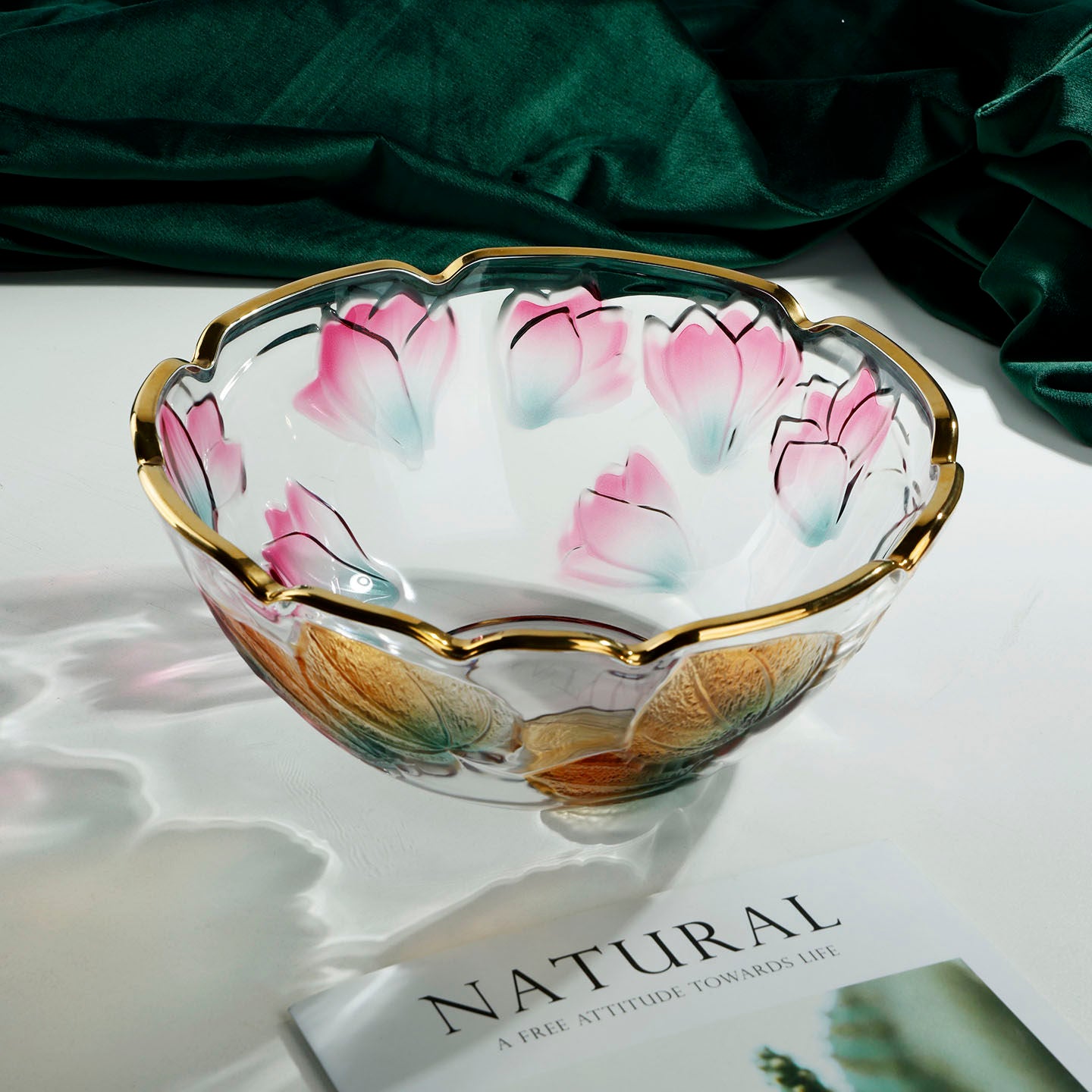 Creatively Painted Glass Fruit Bowl With Gold Accents