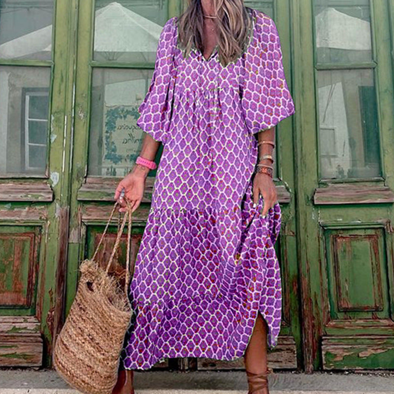 Summer Women's Vintage Printed Bohemian Dress Elegant Ladies Casual Loose V-Neck Short Sleeve Long Dresses - FLIPSTYLEZLLC