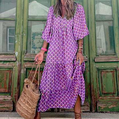 Summer Women's Vintage Printed Bohemian Dress Elegant Ladies Casual Loose V-Neck Short Sleeve Long Dresses - FLIPSTYLEZLLC