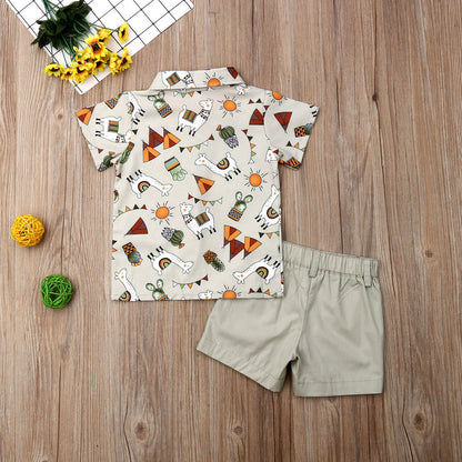 Summer boys and girls suit cartoon printed shirt solid color shorts suit