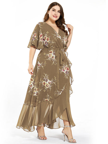 Plus Size Ladies Printed Chiffon Panel Fashion Dress