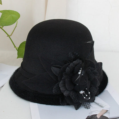Black Brim Woolen British Feather Flower Top Hat