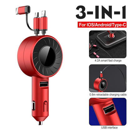 3-in-1 Fast Charging Car Charger for iOS, Android & Type-C - 4.2A Retractable Cable for Trucks and SUVs