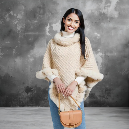 New Luxury Rabbit Fur Collar Shawl Cape for women Elegant Autumn Winter Fashion