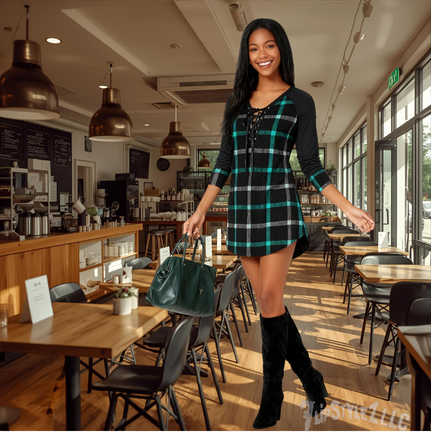 New cute Wine Red Spring And Autumn Printed Plus Size Long Sleeve Plaid Dress for young adult