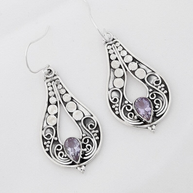 Women's Fashion Silver Carved Purple Gemstone Earrings