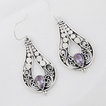 Women's Fashion Silver Carved Purple Gemstone Earrings
