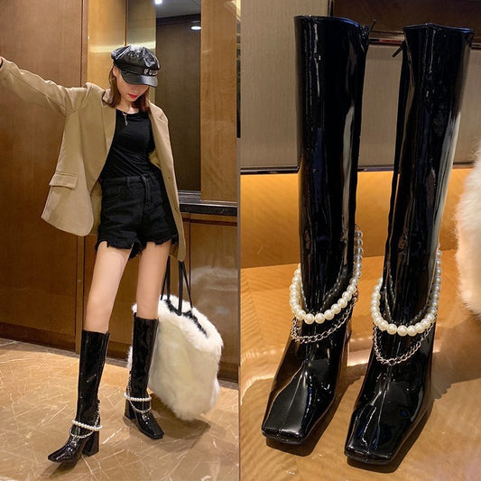 New Patent Leather Boots Women's Pearl Chain Square Toe