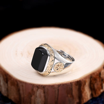 Personalized Men's Black Agate Ring