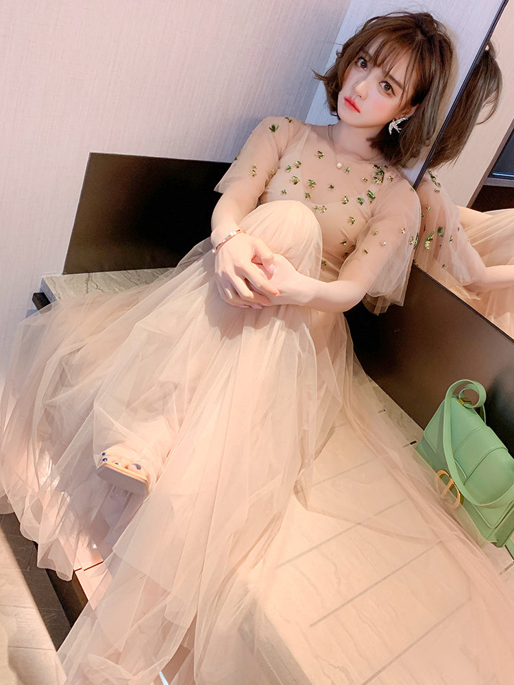 Mesh Flare Sleeve Umbrella Swing Dress