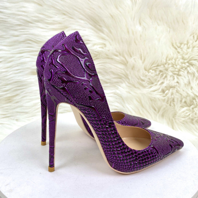 Beautiful purple embossed lace swirl design women's high heels