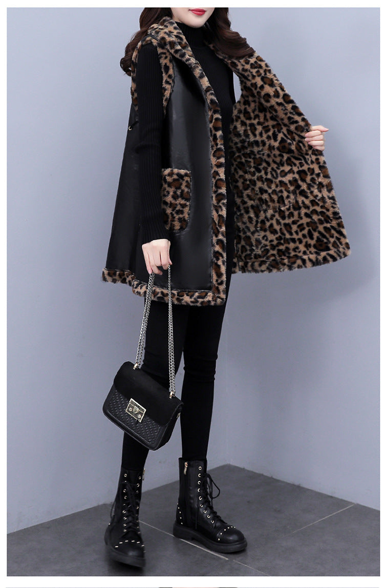 Plus Size Women's Leopard Rabbit Plush Vest Coat